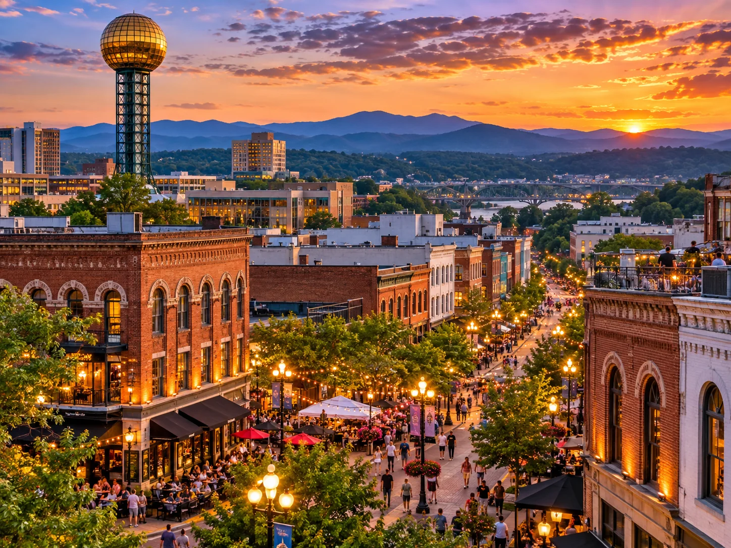 Downtown Knoxville at sunset with the Sunsphere and busy streets